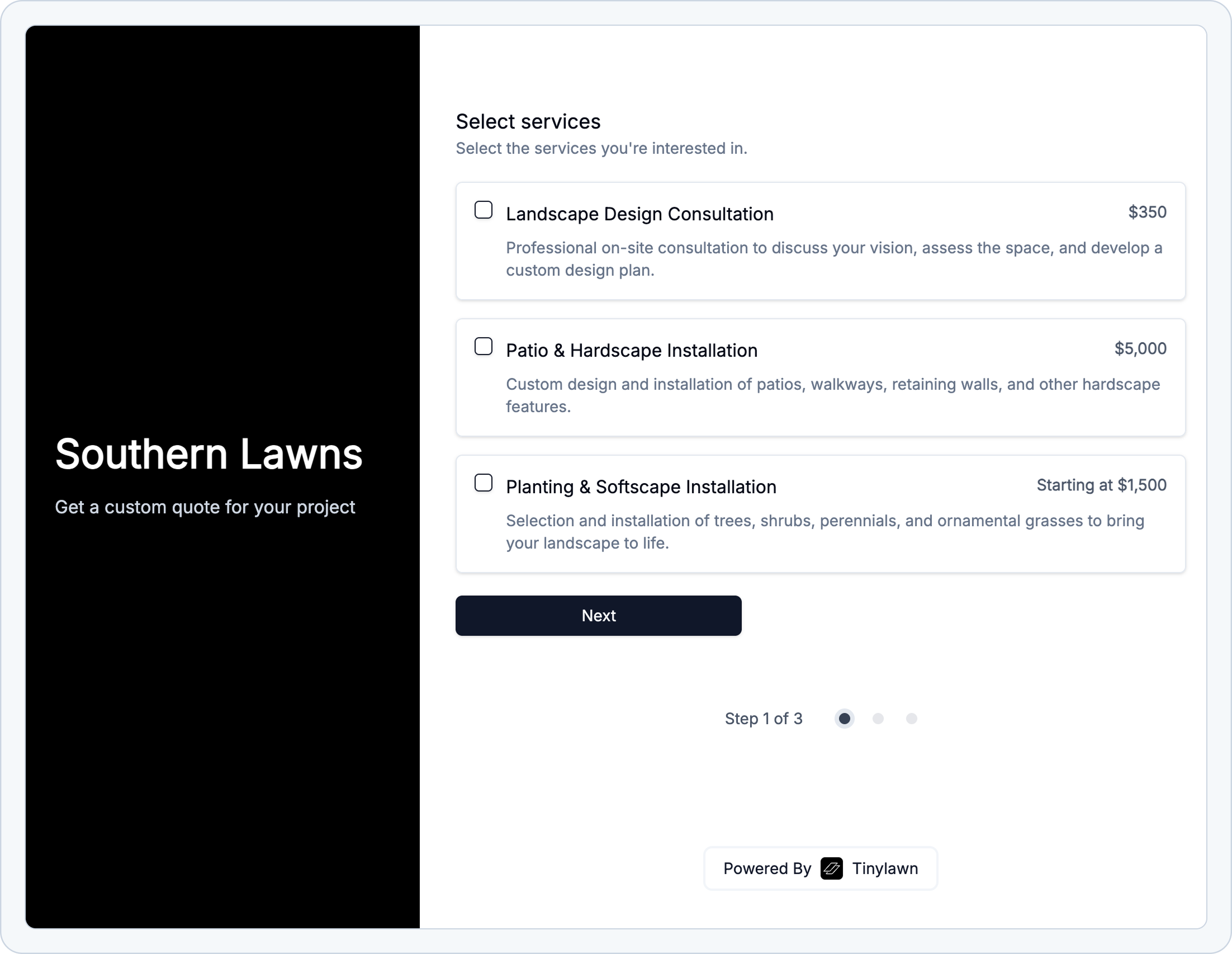 Tinylawn booking form screenshot for scheduling lawn care service