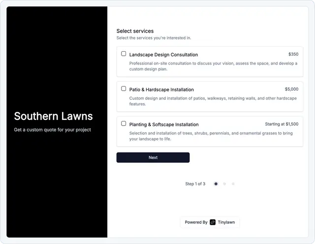 Tinylawn booking form screenshot for scheduling lawn care service