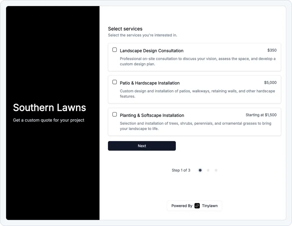 Tinylawn booking form for scheduling an intake appointment