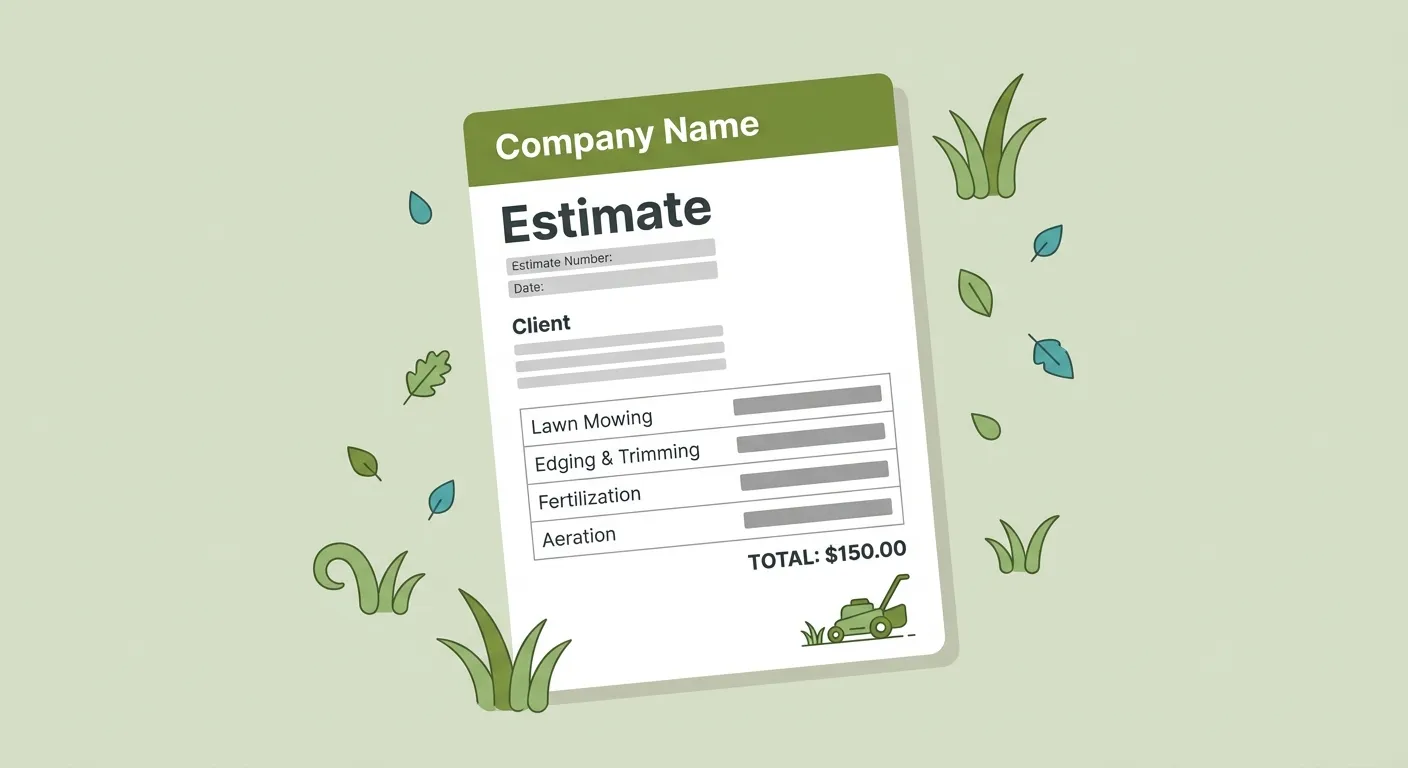 Lawn care estimate template illustration showing a professional estimate with service line items like mowing, edging, and fertilization