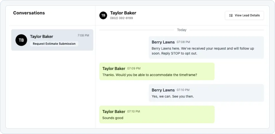 Tinylawn conversation view with a customer request and follow-up messages
