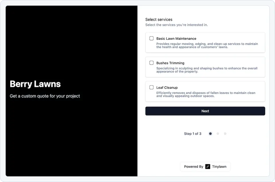 Tinylawn lead-capture form showing service selection for a new request