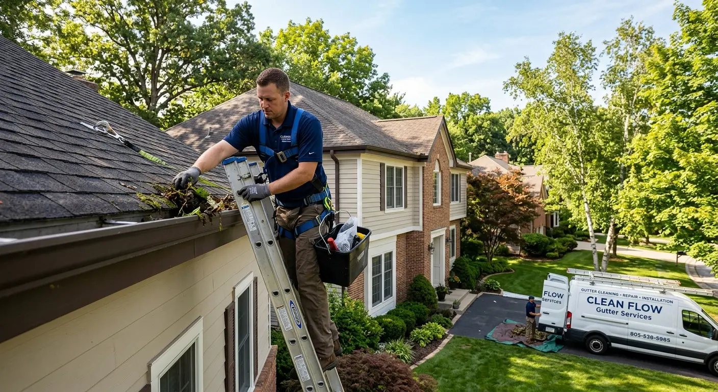 A gutter service professional cleaning gutters on a residential home
