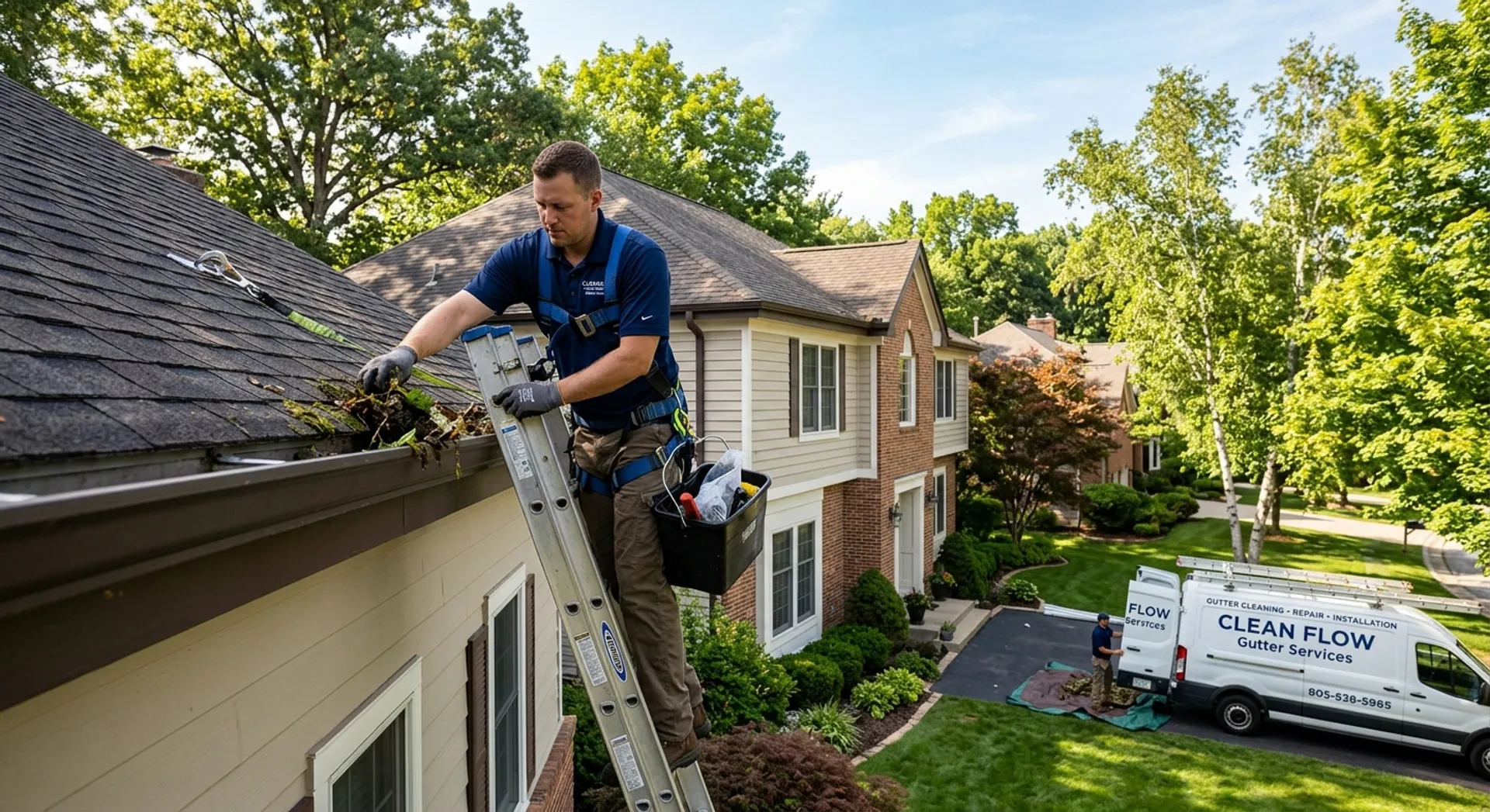 Gutter service professional cleaning gutters on a residential home