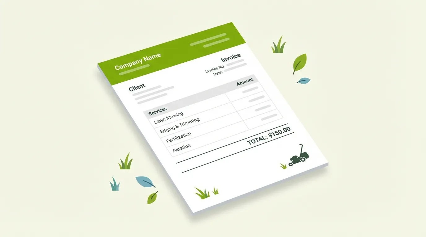 Lawn care invoice template illustration showing a professional invoice with service line items like mowing, edging, and fertilization