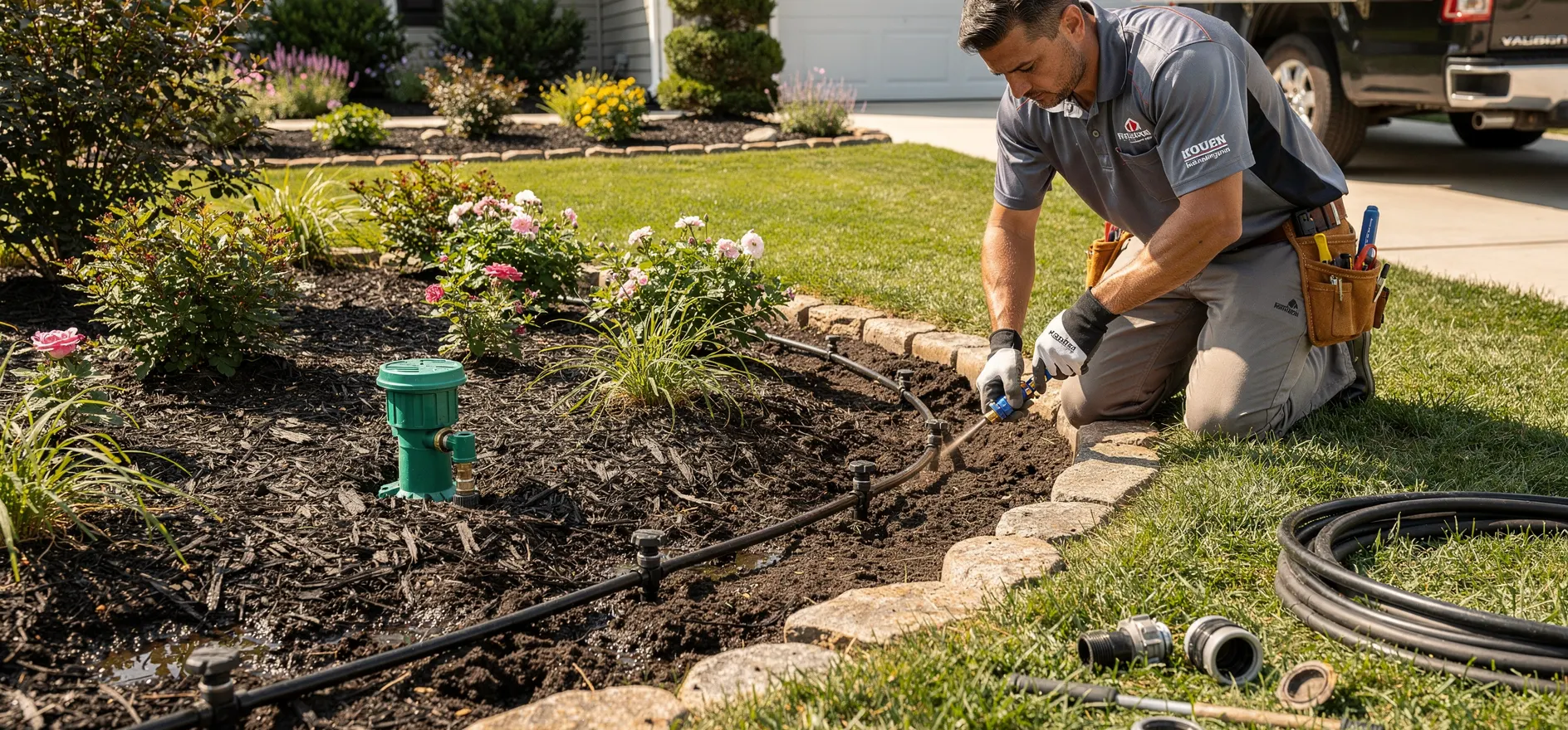 Irrigation professional working at a customer property
