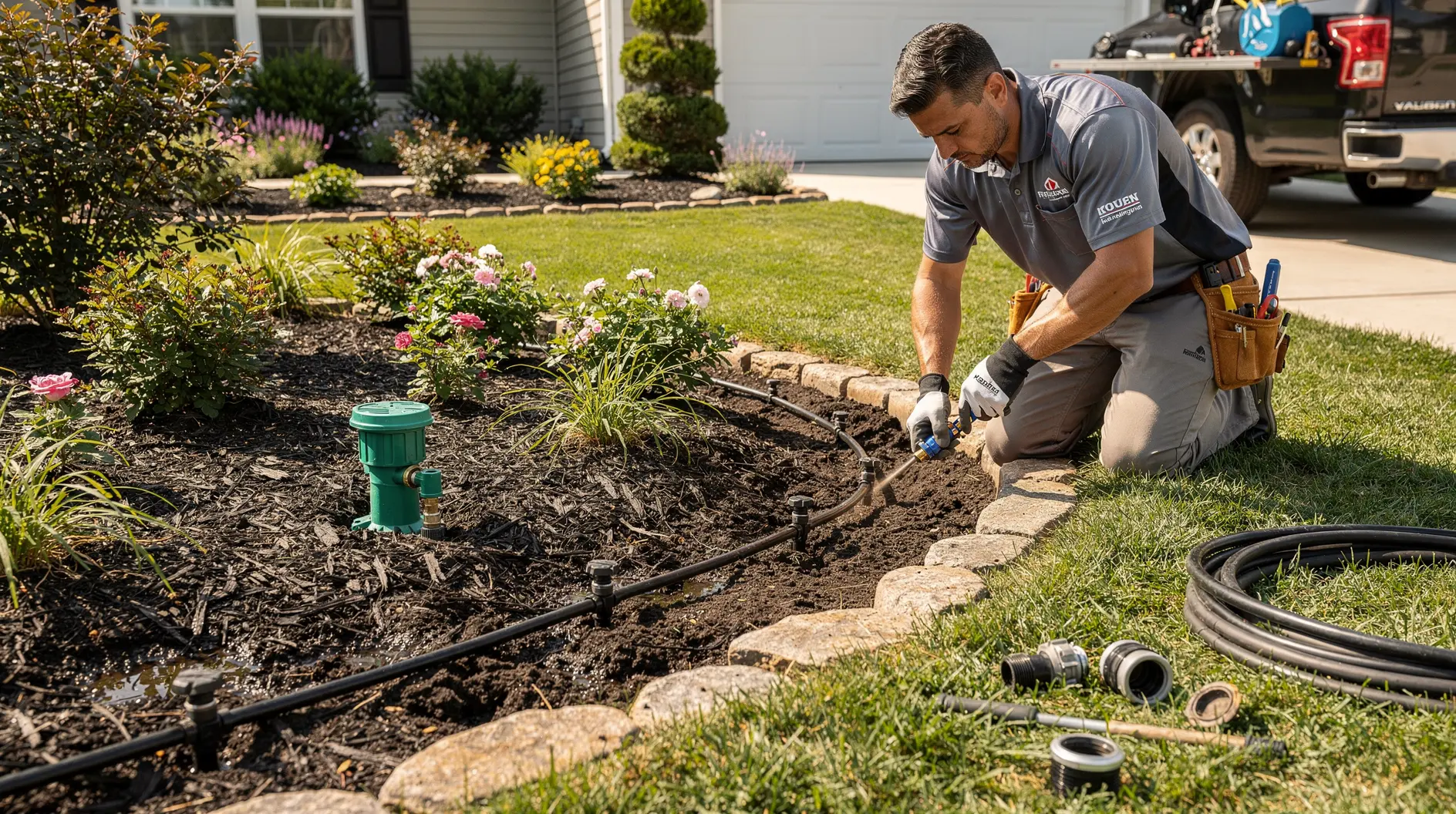 An irrigation professional working on a lawn irrigation system