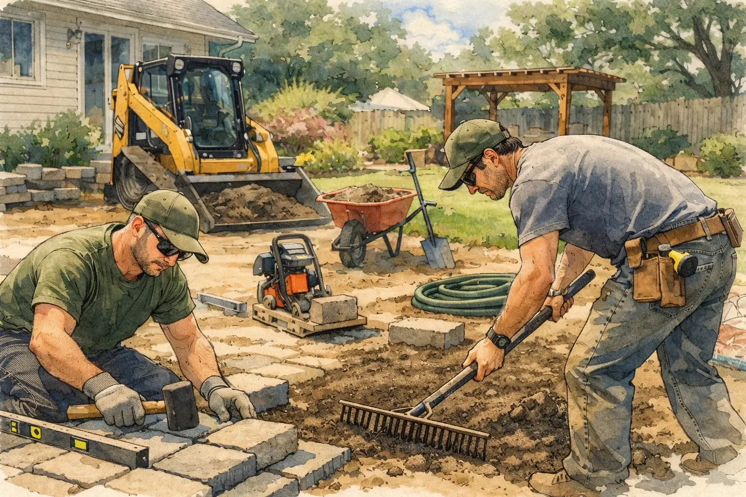 Lawn care professional maintaining a residential yard
