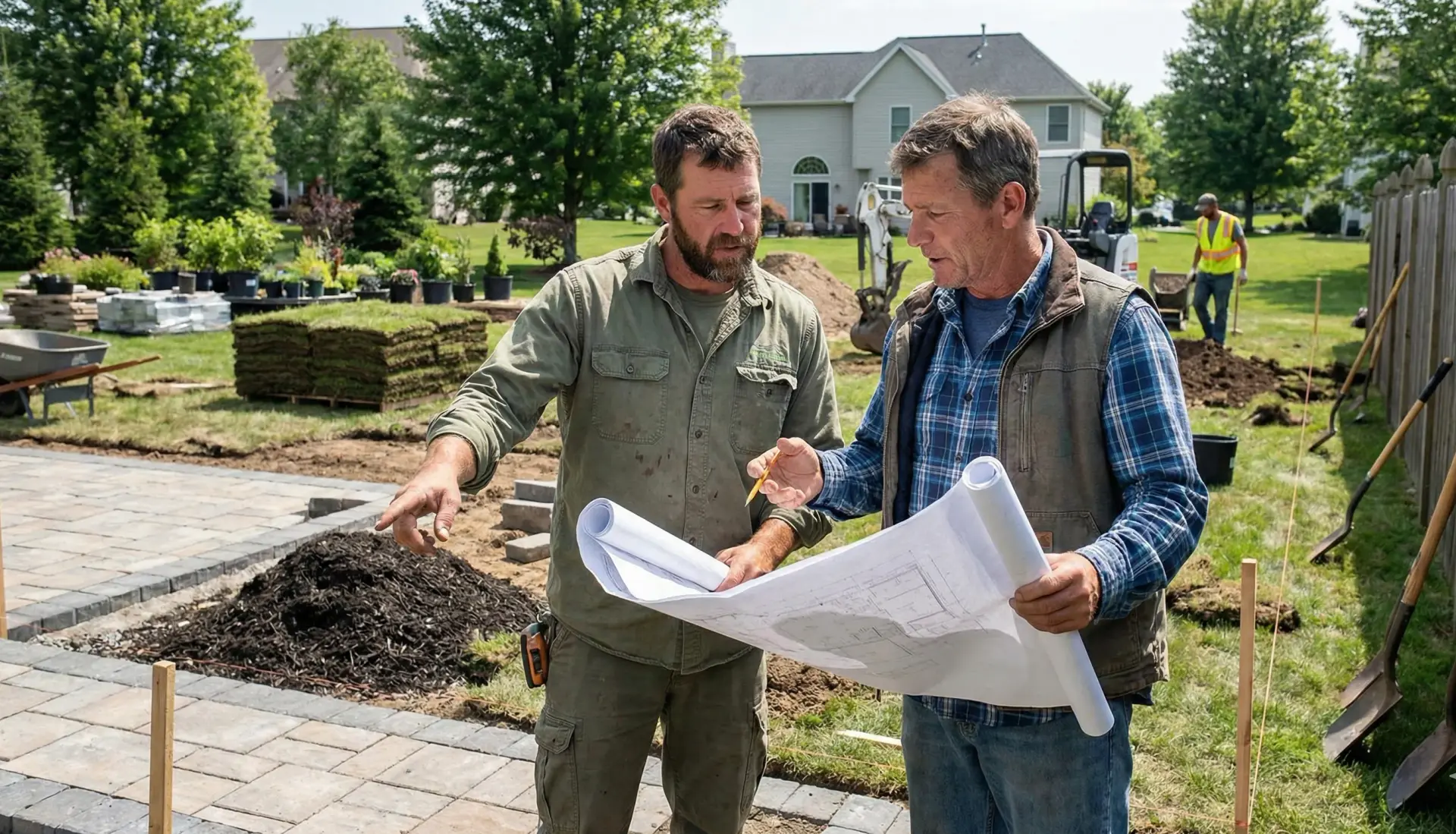 Two landscaping professionals reviewing plans on a job site
