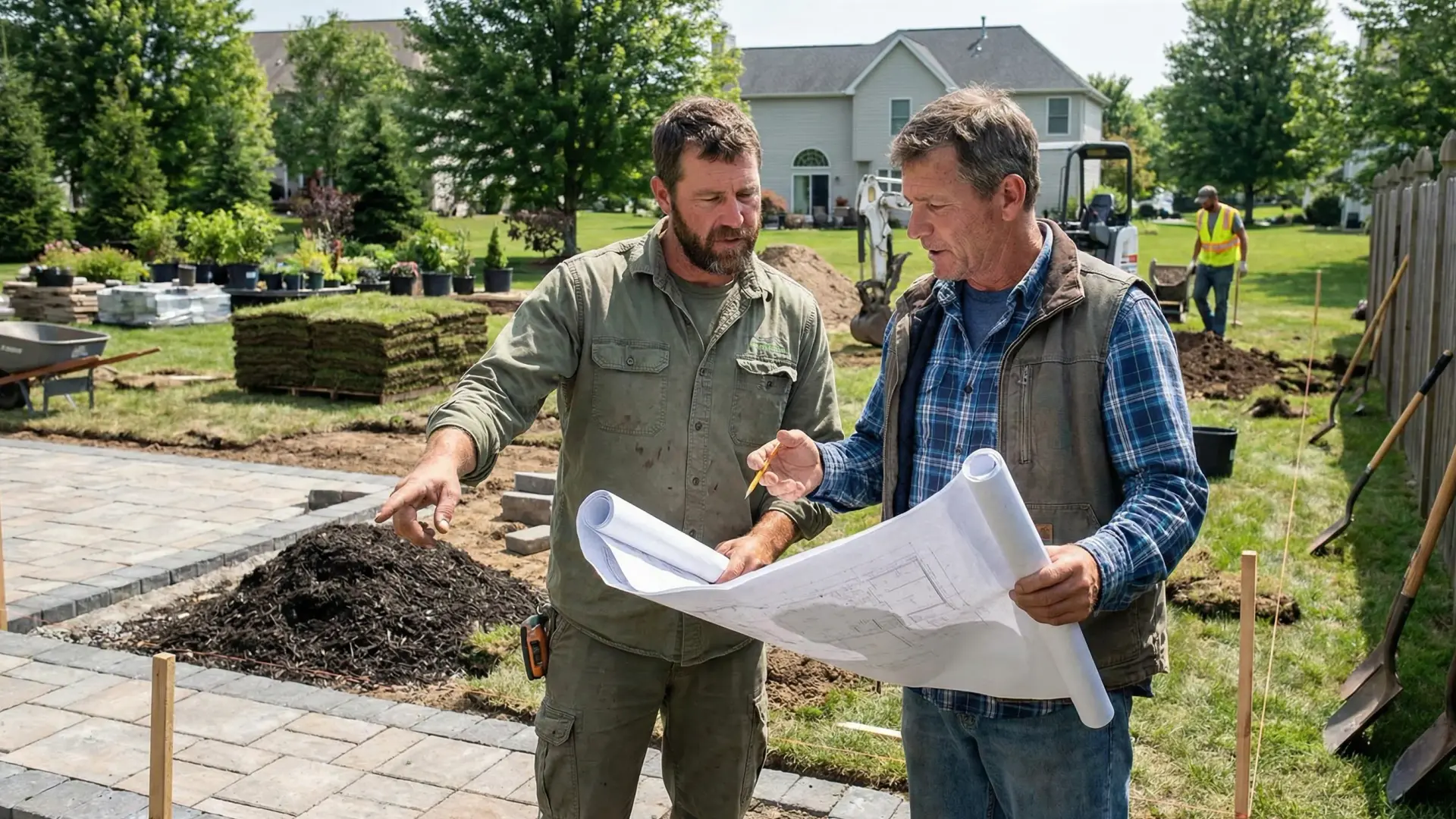 Two landscaping professionals reviewing plans on a job site