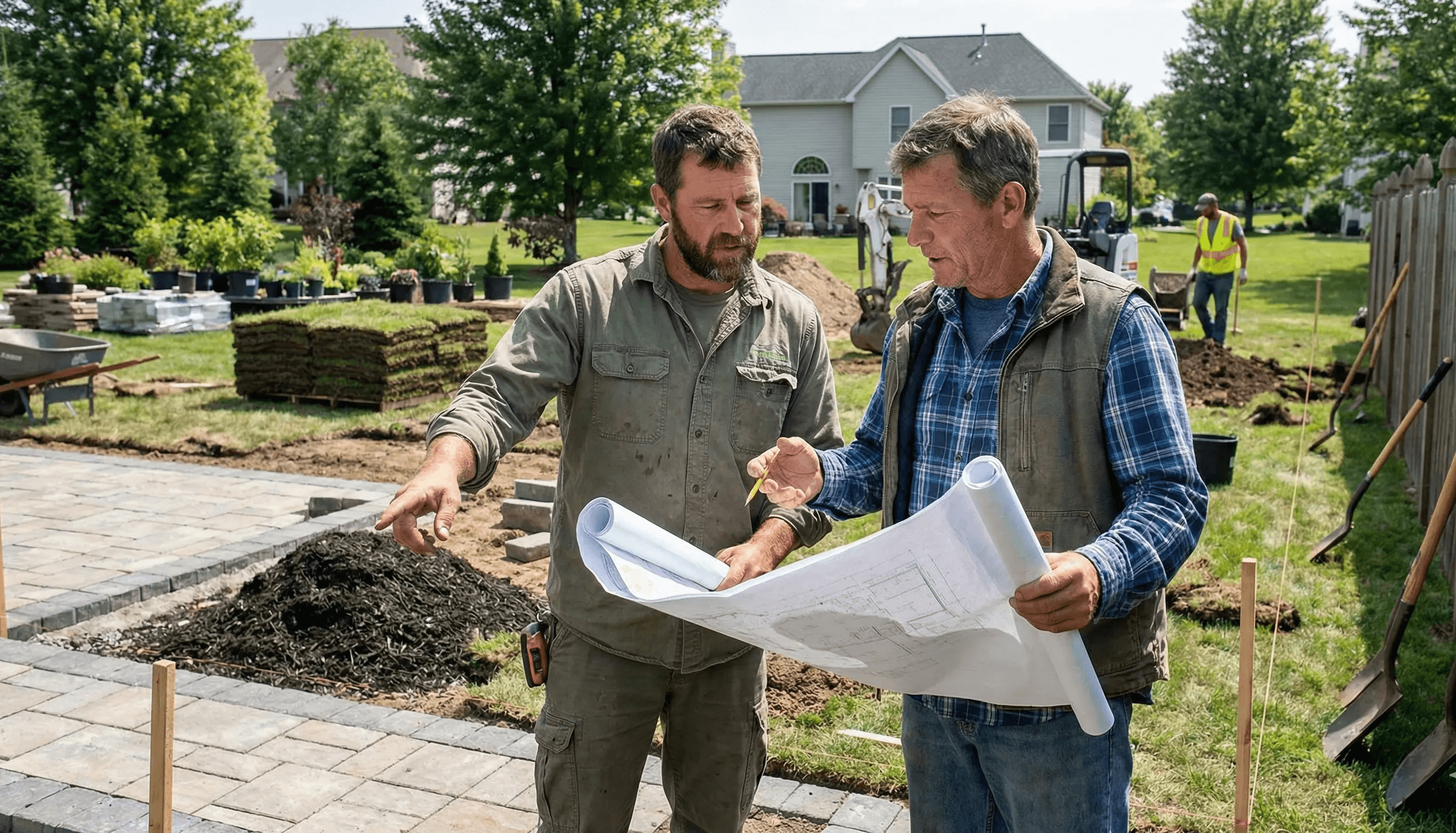 Two professionals review plans at a residential job site.