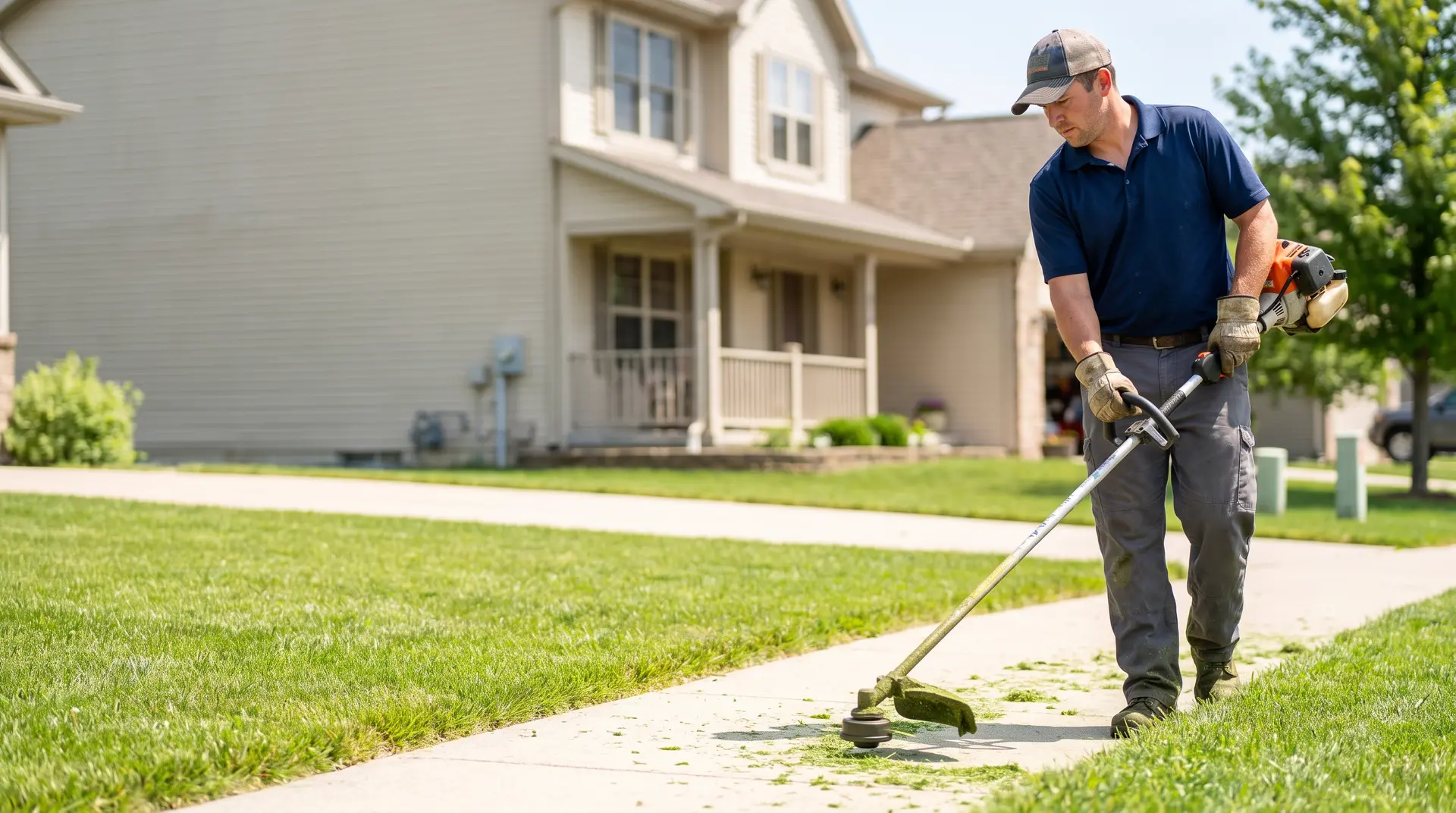 Lawn care professional edging a residential front lawn