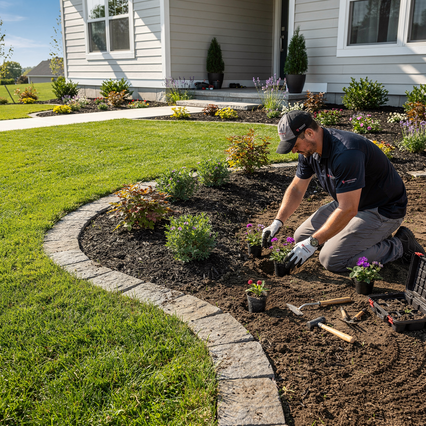 Lawn care professional maintaining a residential yard