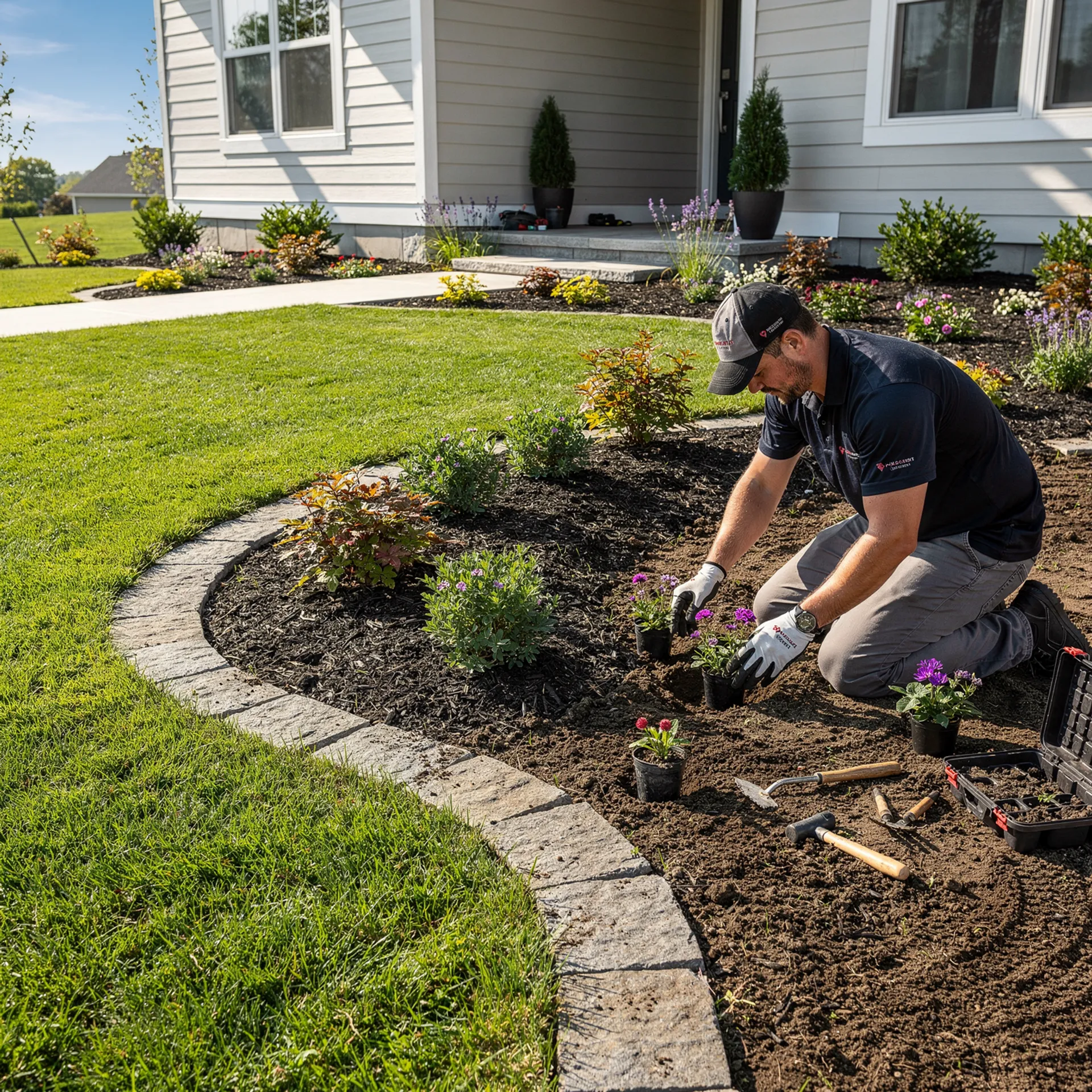 Lawn care professional maintaining a residential yard