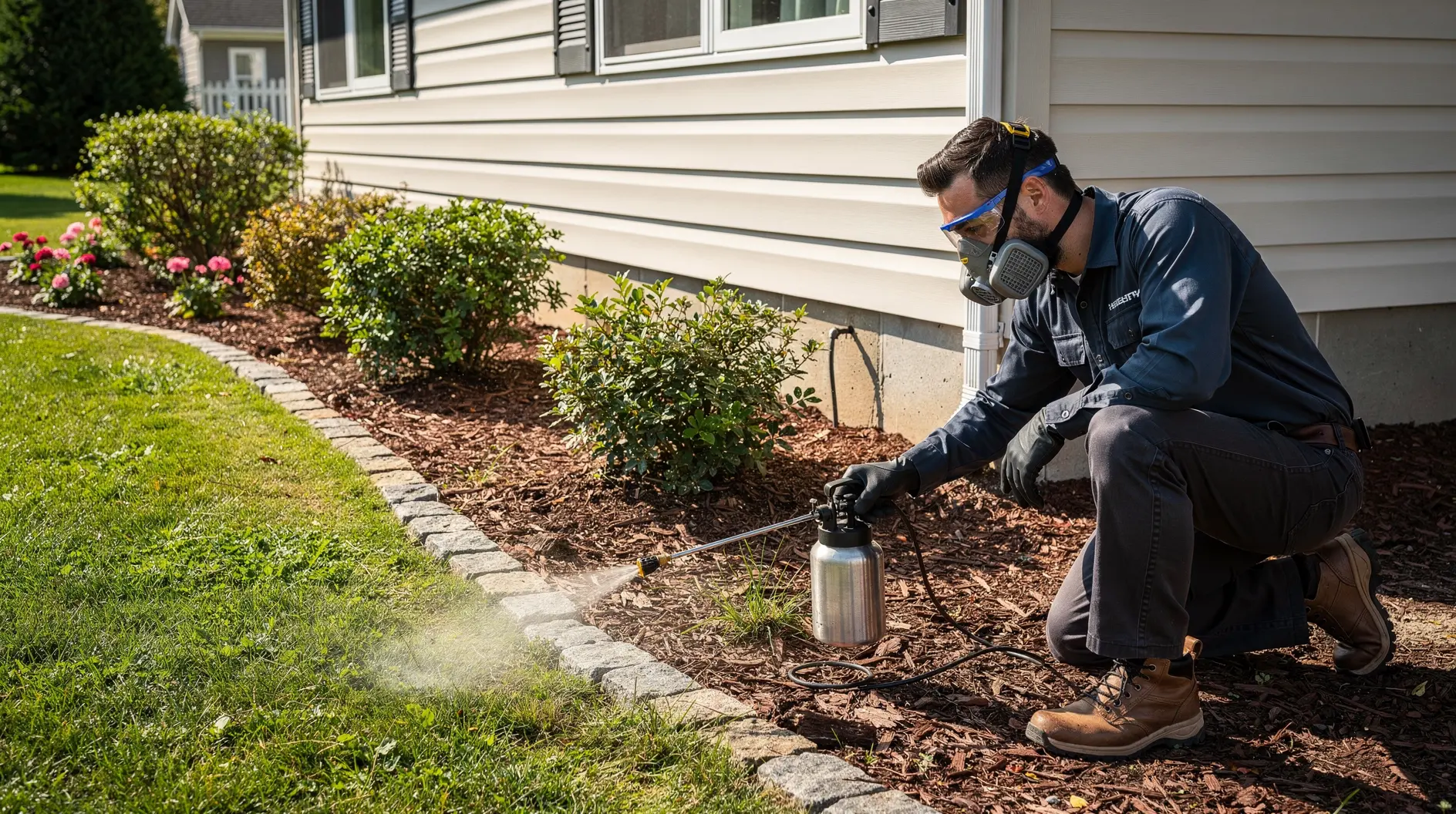 Pest control professional treating a residential property