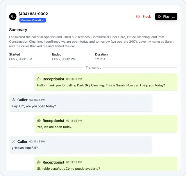 Tinylawn call transcript screenshot showing an AI receptionist conversation