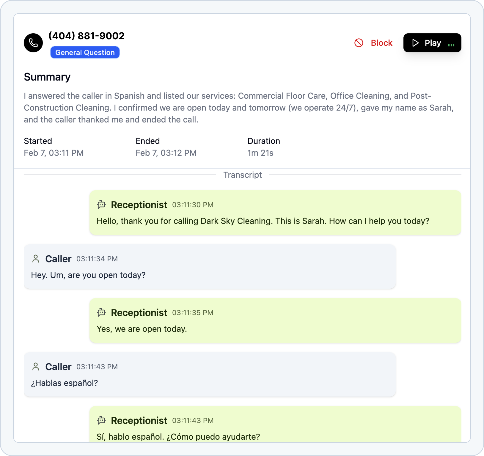 Tinylawn call transcript screenshot showing an AI receptionist conversation