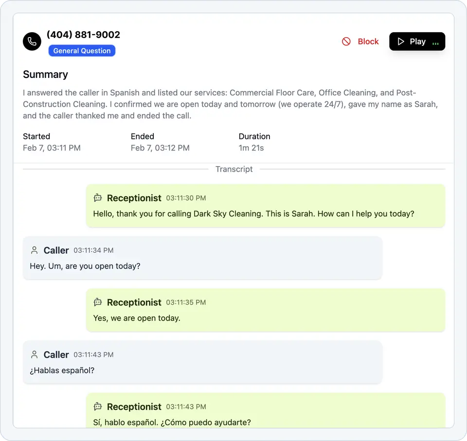 Tinylawn call details with a summary and conversation transcript