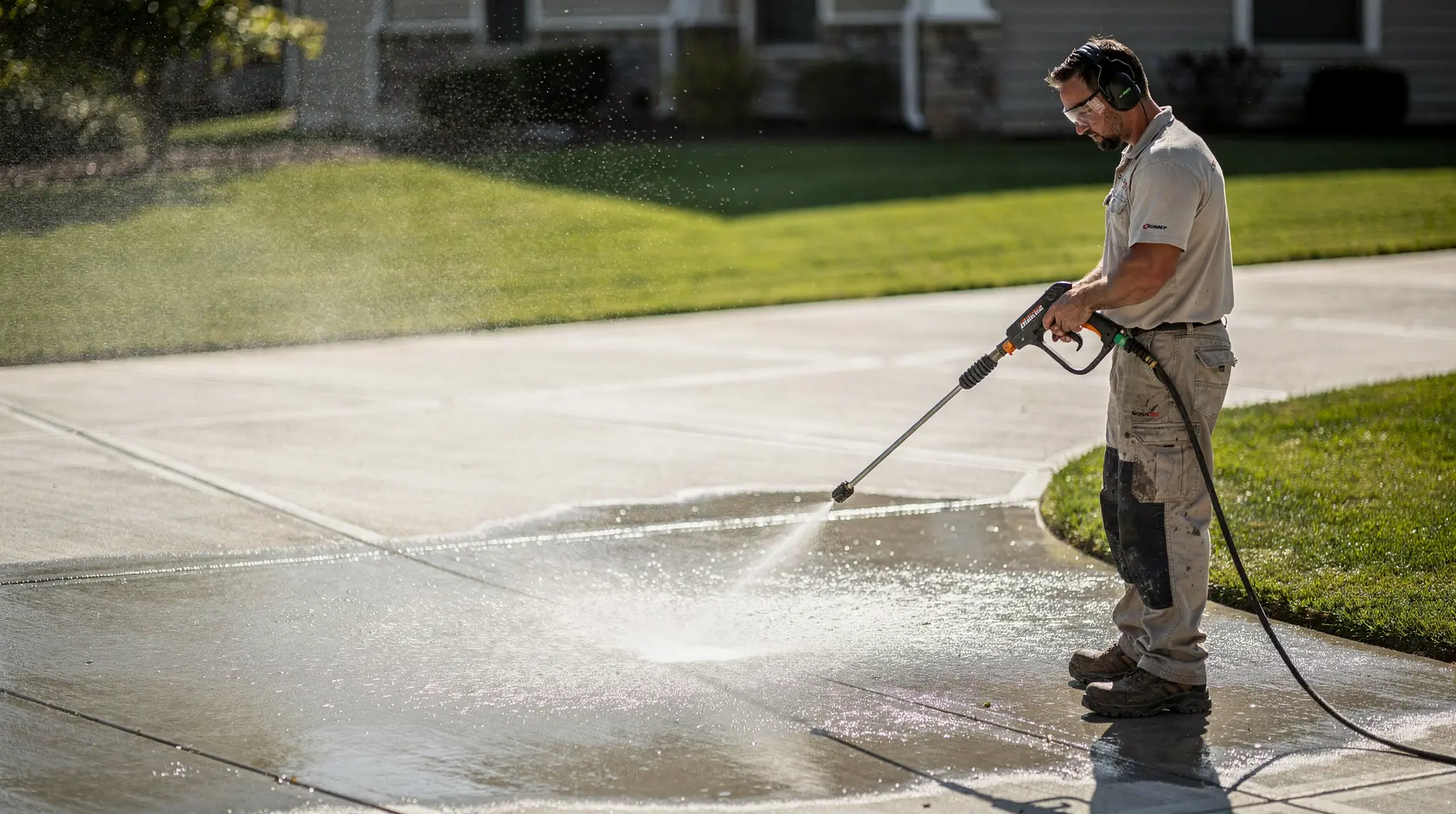 Pressure washing professional cleaning a residential driveway