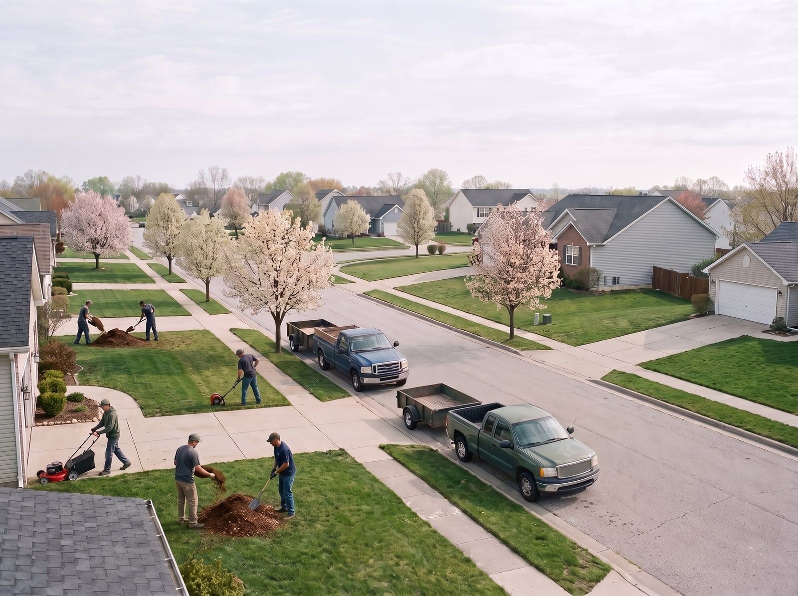 A spring street where several crews mow, edge, and mulch neighboring yards at once.