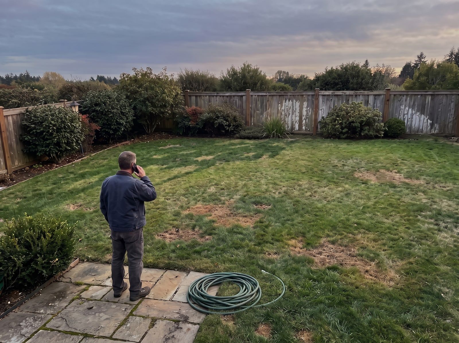 A homeowner on the phone in their backyard, looking at brown patches in the lawn.