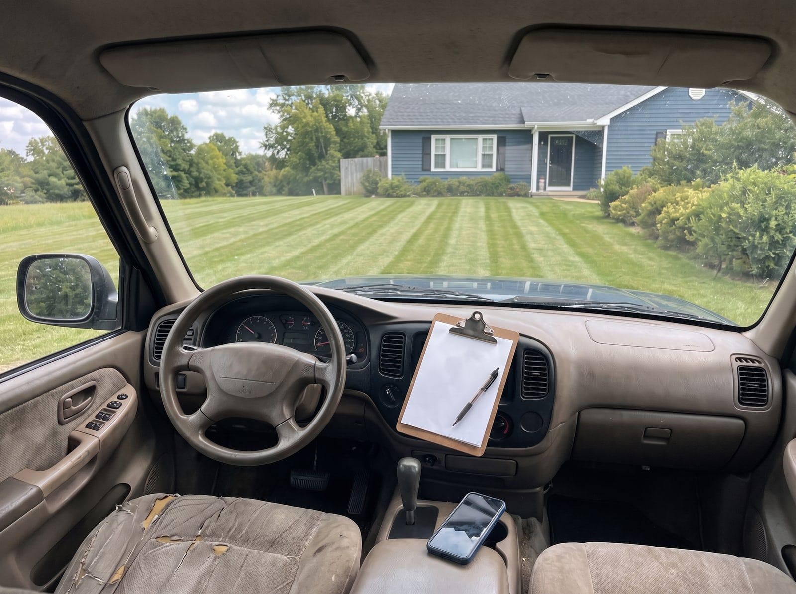 Inside a work truck cab: a clipboard on the dashboard and a phone in the console, a mowed lawn through the windshield.