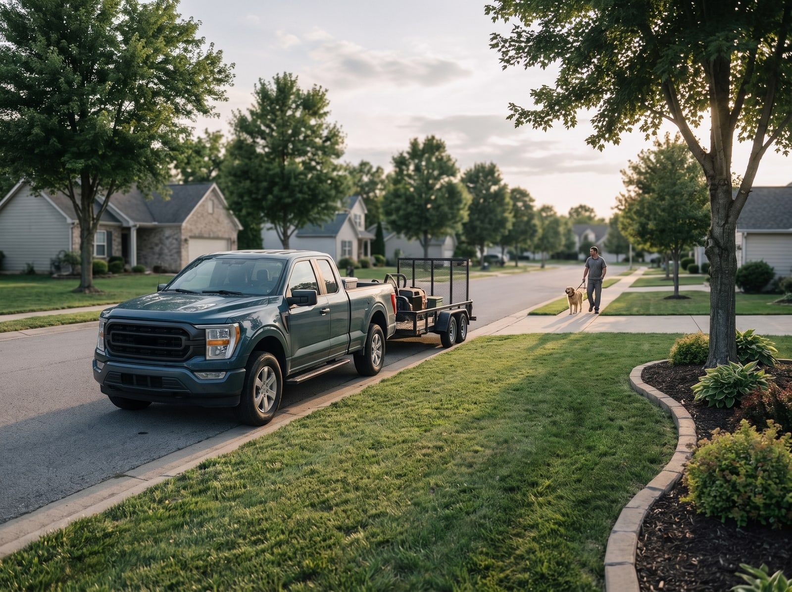 A work truck and trailer parked beside a freshly edged lawn on a tree-lined street, a neighbor walking a dog.