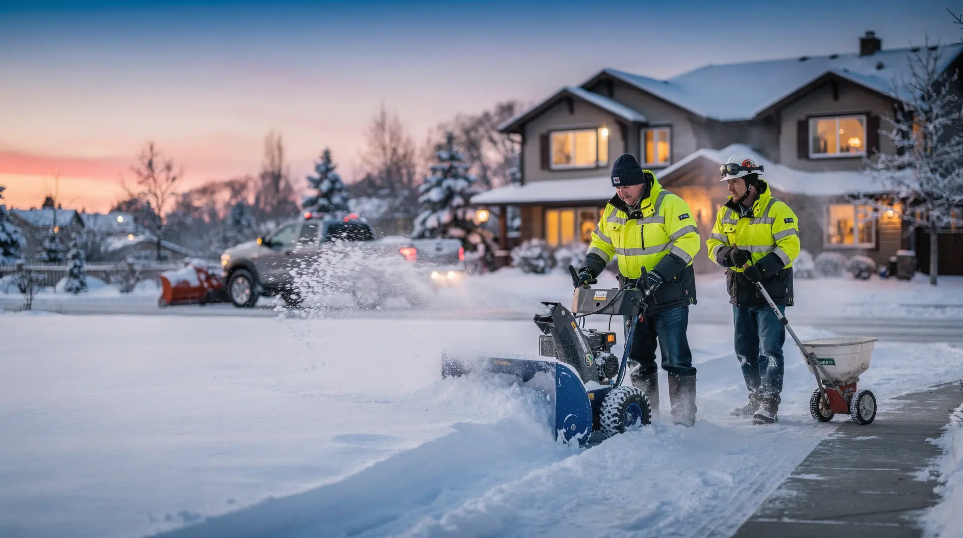 Snow removal professional clearing a residential driveway