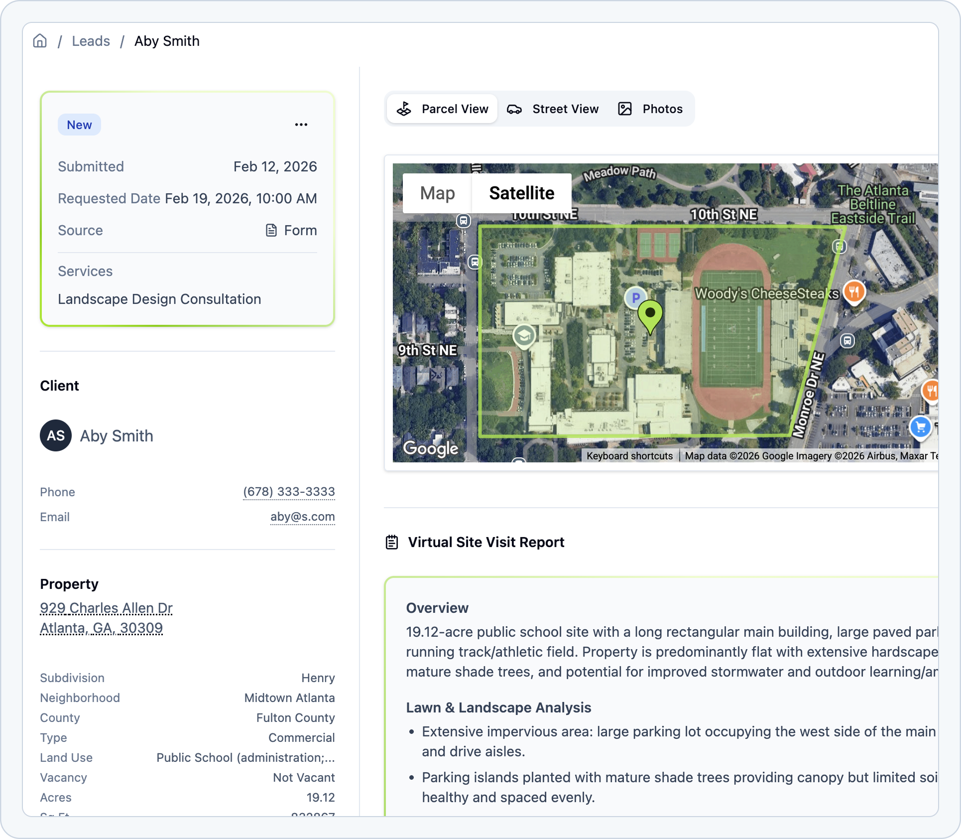 Tinylawn virtual site visit report screenshot with property size and aerial imagery