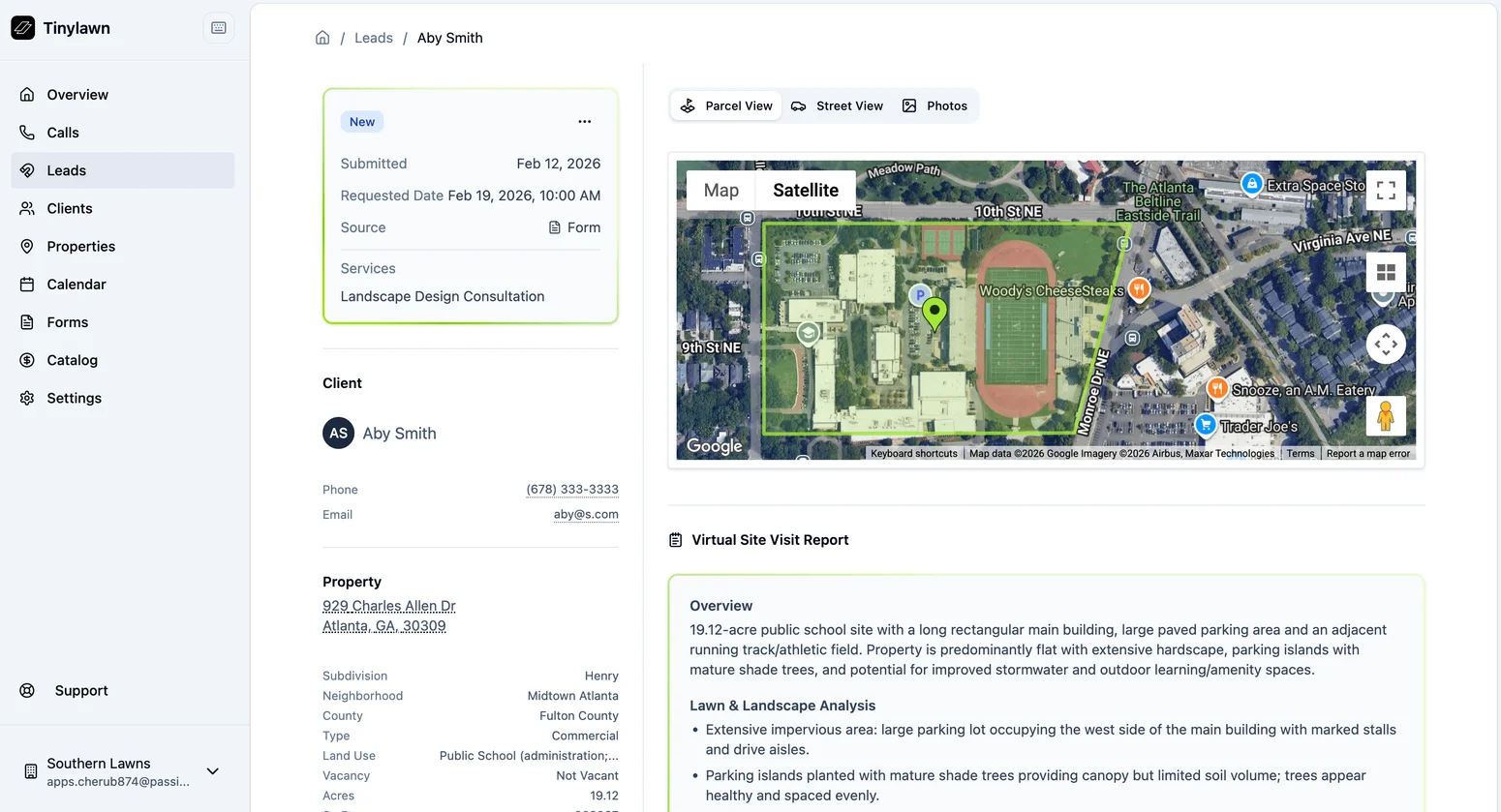 Tinylawn virtual site visit report screenshot with property size and aerial imagery