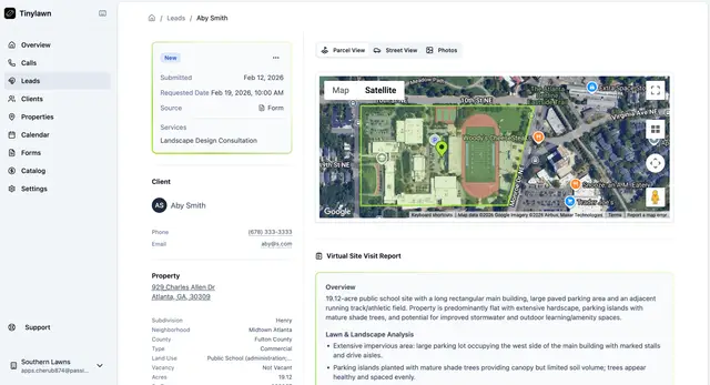 Tinylawn virtual site visit report screenshot with property size and aerial imagery