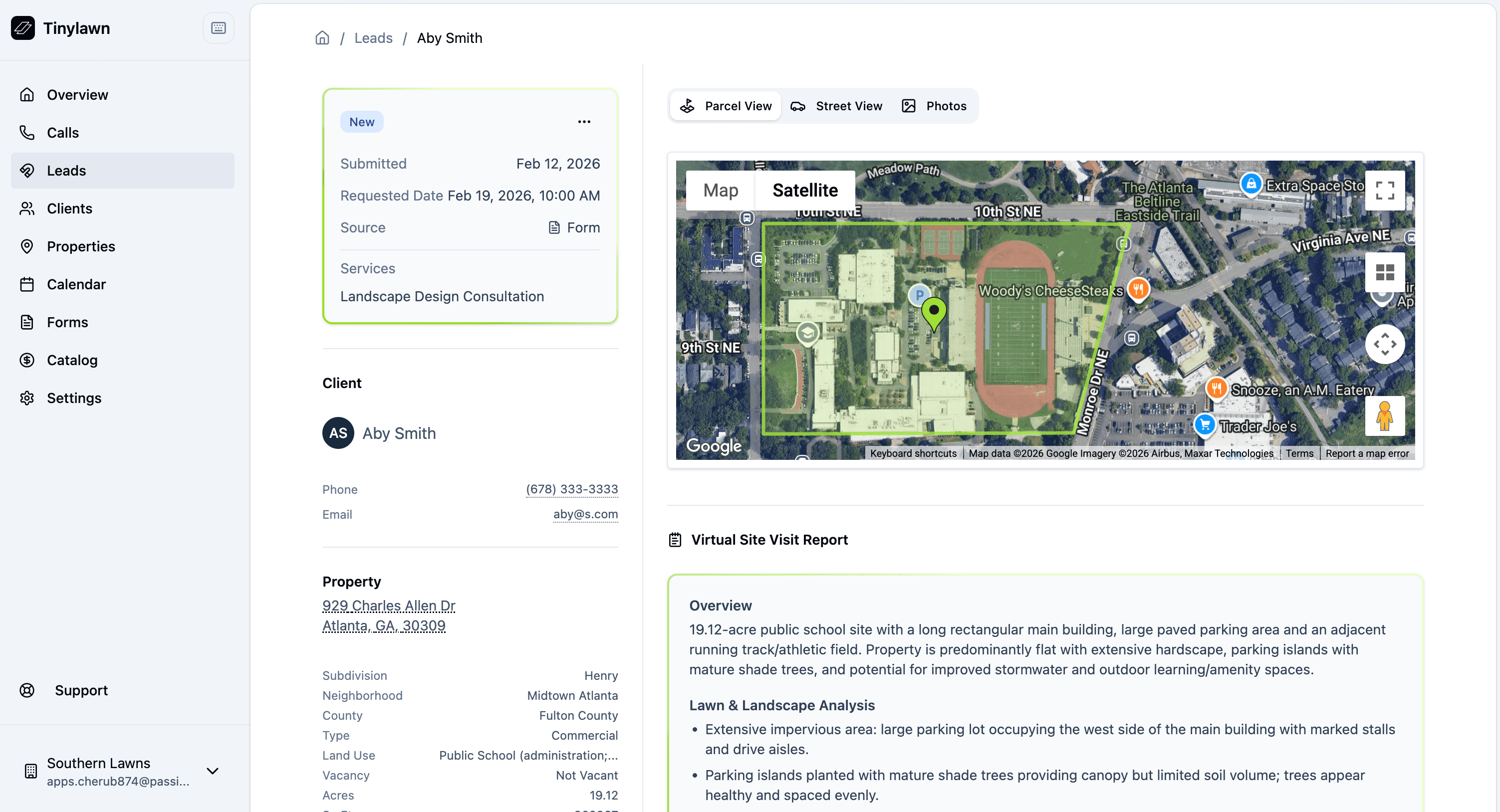 Tinylawn virtual site visit report with property details and aerial imagery